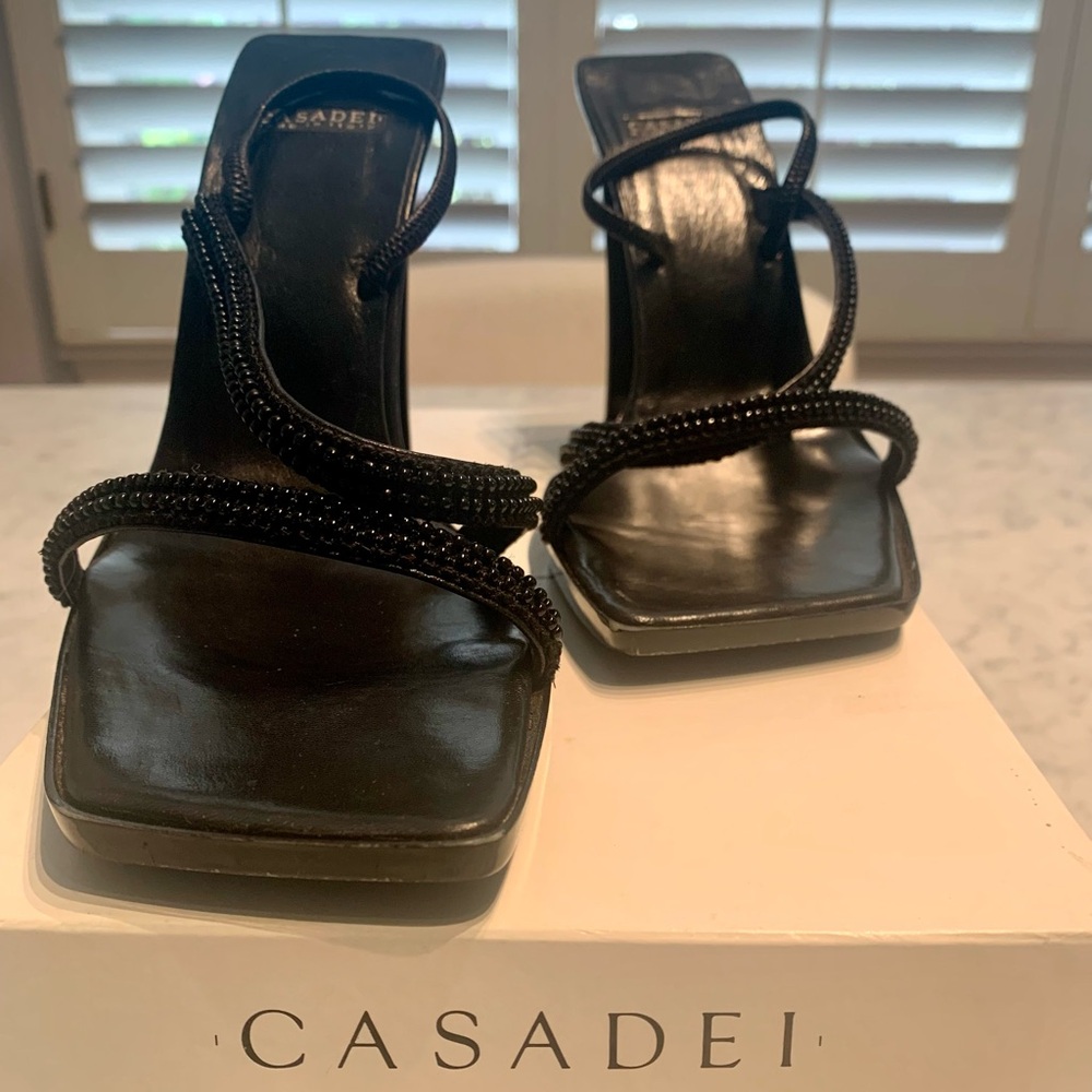 CASADEI  Mignon Black with Black Beads Capretto 4.5” High Heel Shoe